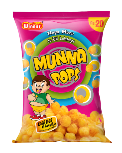 Packaging of Munna Pops snack with colorful design and character illustration.